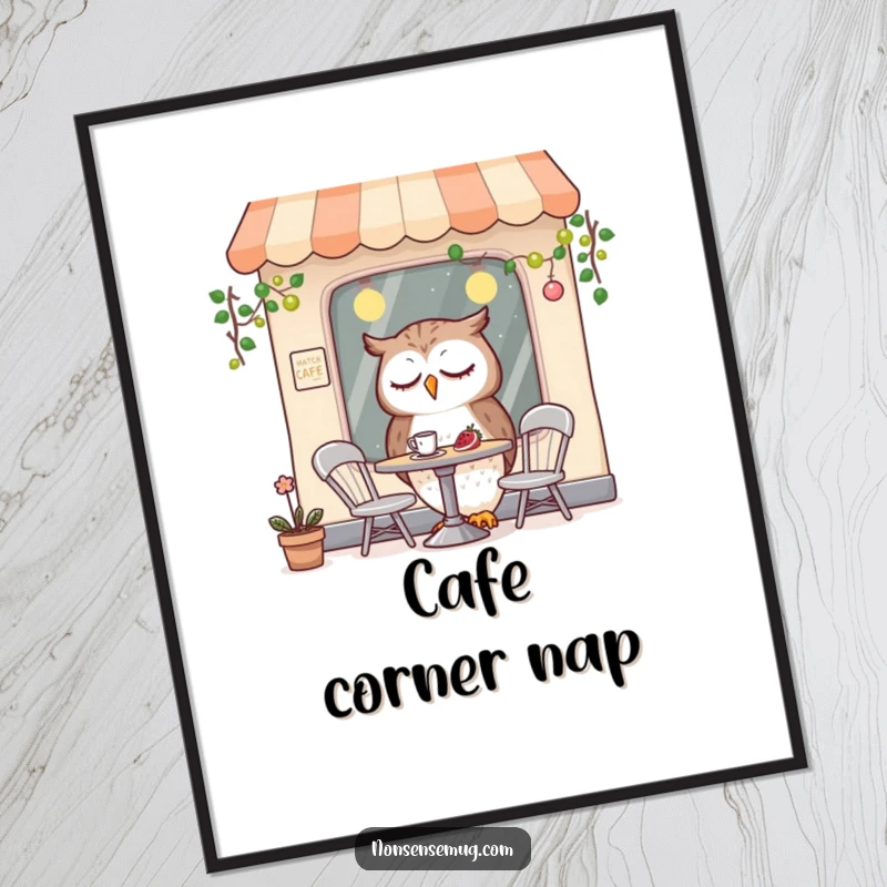 Funny digital art print of a sleepy owl character enjoying breakfast in a tiny, cozy cafe, perfect for instant wall decor.