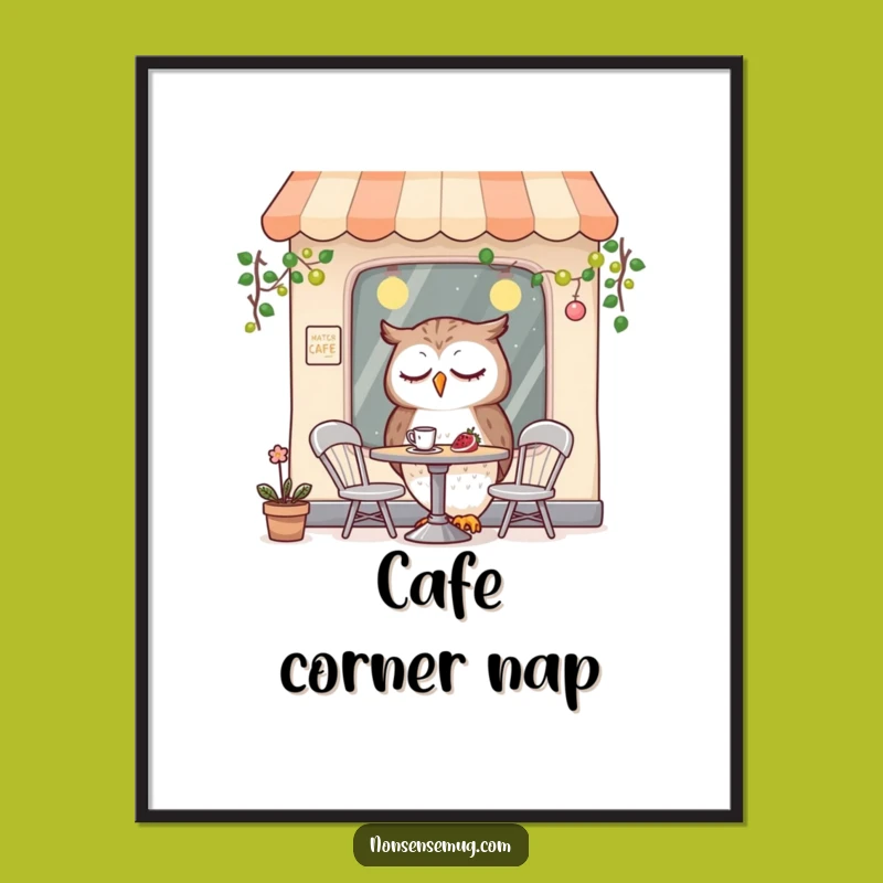 Funny Sleepy Owl Cafe Digital Art: Instant Hilarious Decor for Your Walls