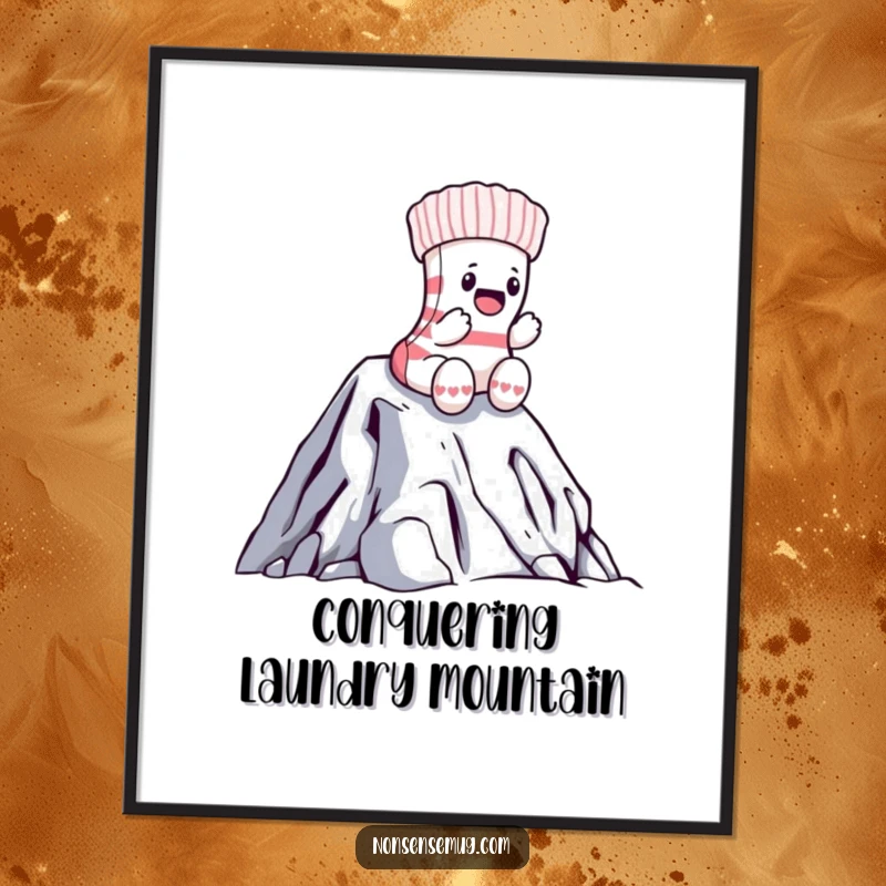 Funny sock digital art print of a brave sock heroically climbing a mountain of laundry, bringing adventurous humor to any wall.