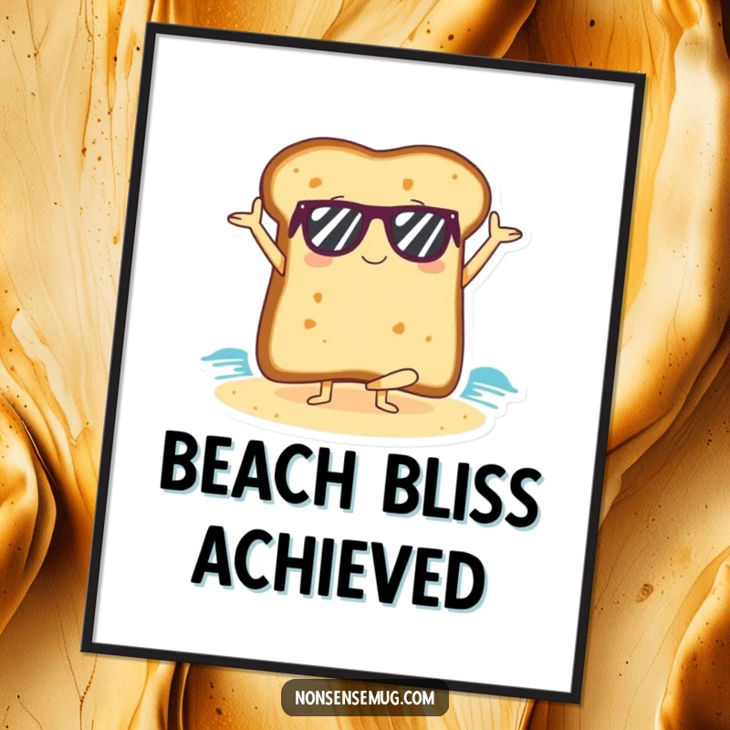 Funny slice of toast wearing sunglasses, doing a yoga pose on a beach, as a digital art print.
