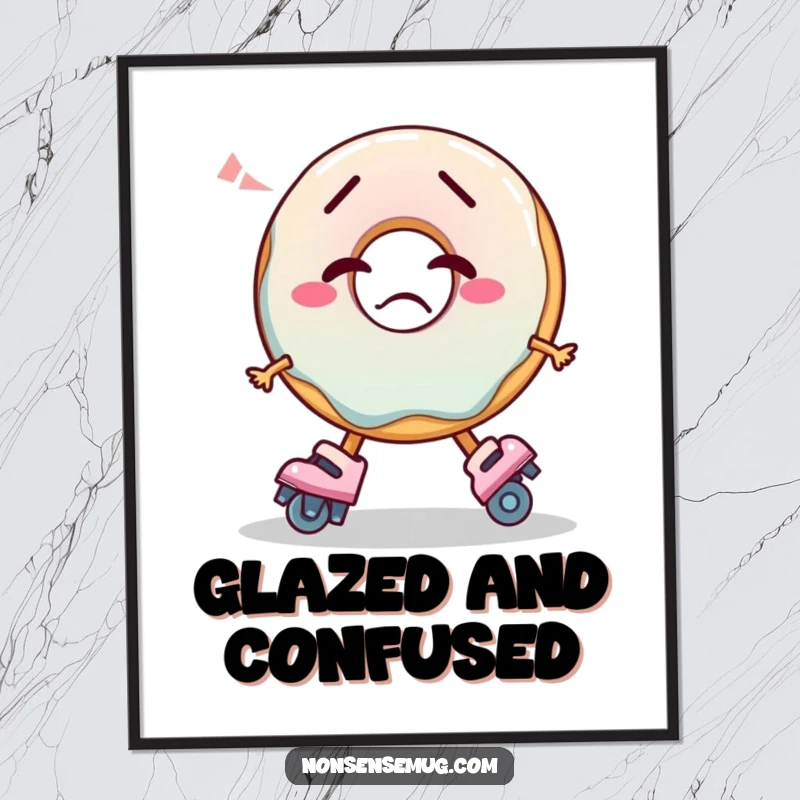 Funny Digital Art Print of a confused donut hilariously attempting to skate, providing instant whimsical wall decor.