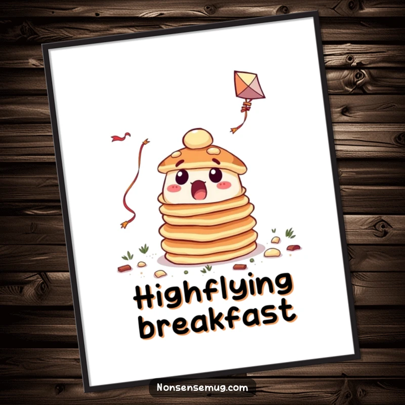 Funny digital art print of a surprised stack of pancakes trying to fly a kite, perfect for whimsical decor.