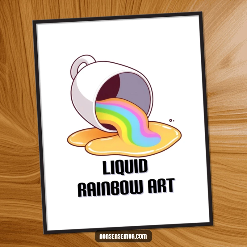 Funny coffee mug tipping over, spilling a rainbow of liquid, digital art print, vibrant and humorous.