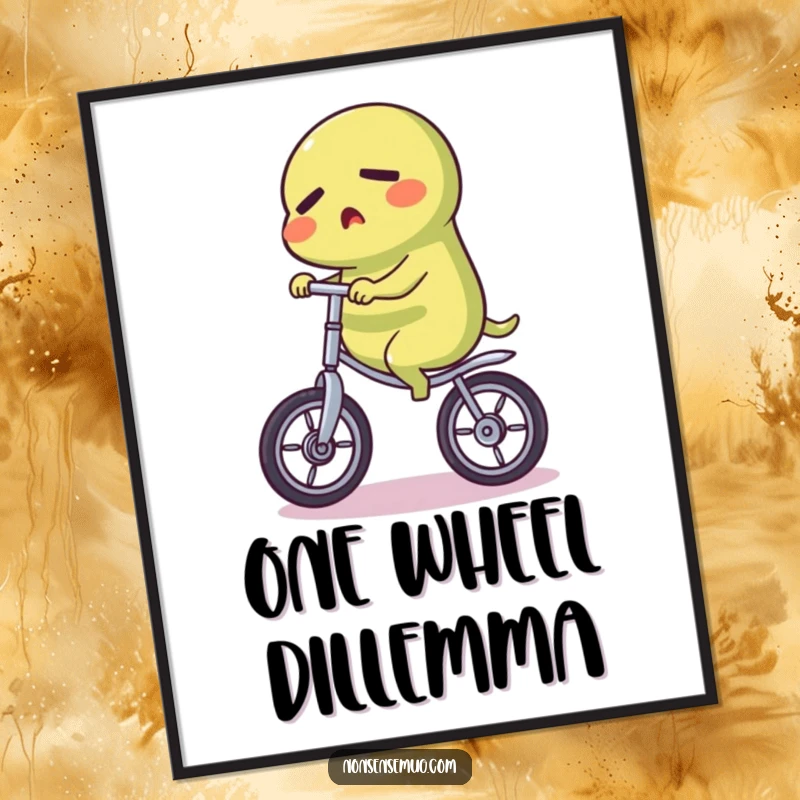 Funny Pickle Digital Art Print: High-resolution funny art of a determined pickle character riding a unicycle with impressive balance.