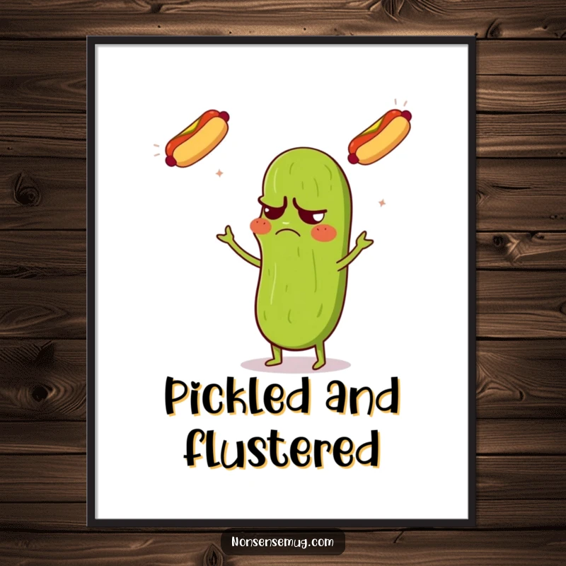 Funny digital art print of a grumpy pickle with a confused expression, juggling three flying hot dogs, full of absurdity.
