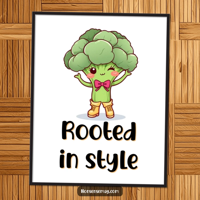 Funny broccoli character, dancing energetically with boots and a bow, digital art print, a fun funny gift.