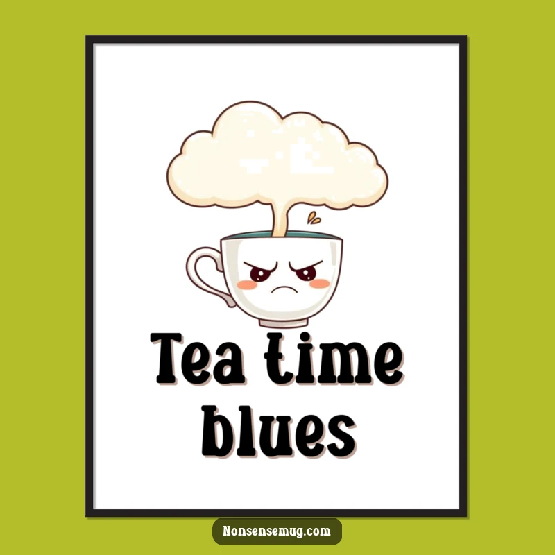 Funny Teacup Digital Art: Disgruntled Teacup Under Rainy Cloud, Instant Moody Decor