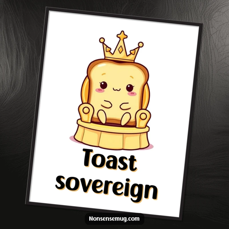 Funny digital art print of a slice of toast with a tiny crown, sitting regally on a banana peel throne, full of humor.