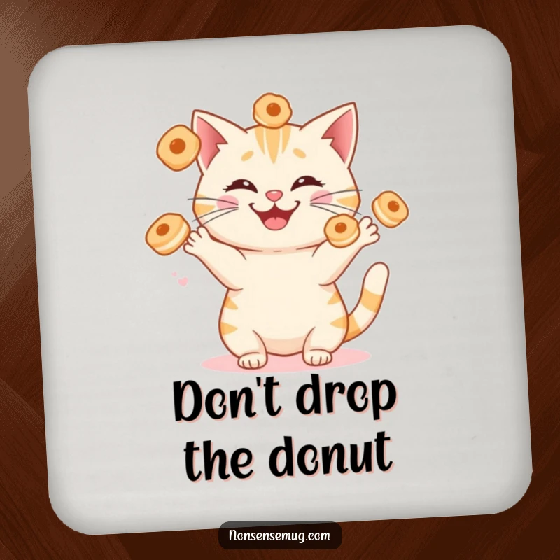 Funny cat juggling sentient breakfast pastries with a silly grin, printed on a protective drink coaster. A humorous and functional accessory.