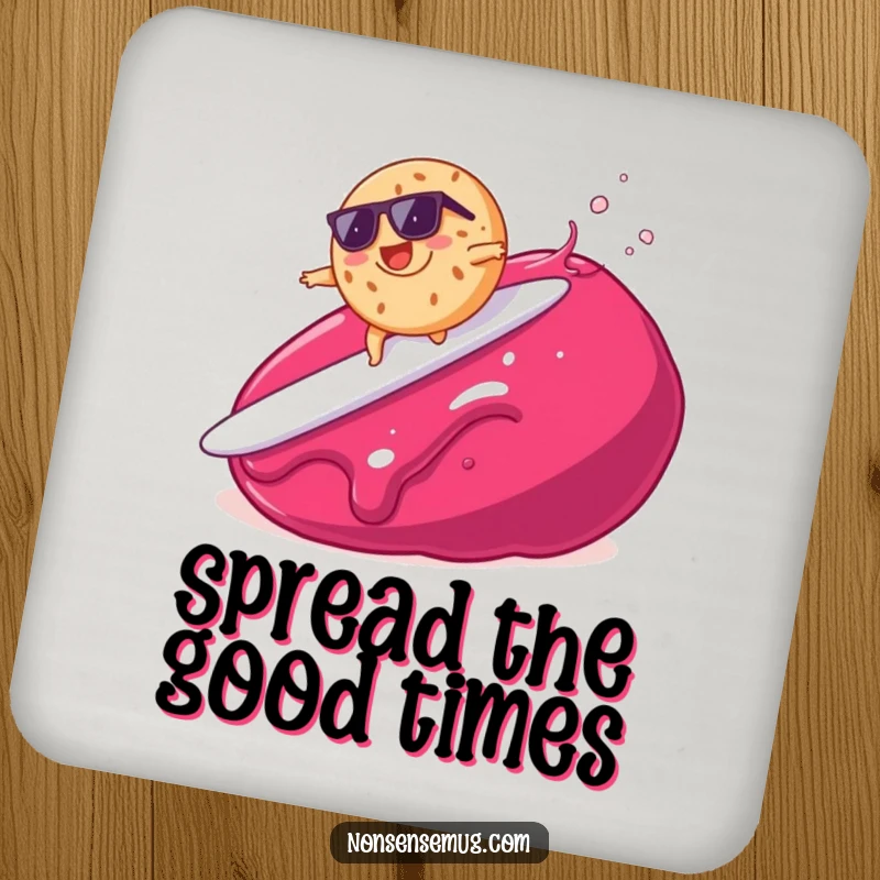 Funny drink coaster featuring a bagel surfing on jam, protecting furniture with a cool breakfast theme.