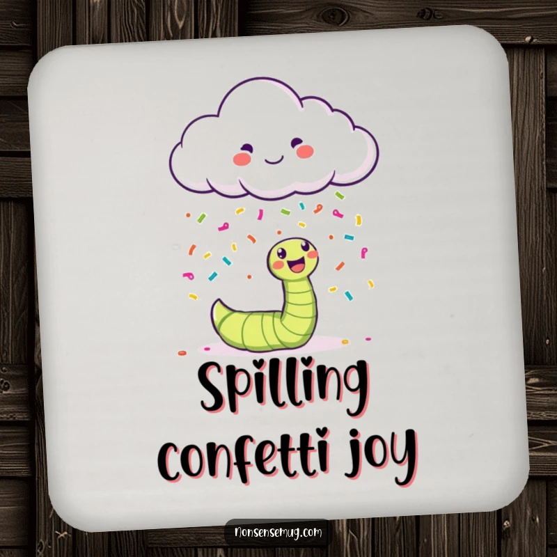 Funny happy cloud showering confetti on a bewildered worm on a charming drink coaster.
