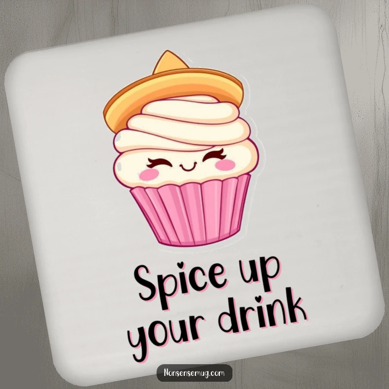Funny Cupcake Sombrero Coasters: Winking cupcake with sombrero, offering festive blessings and sweet humor.