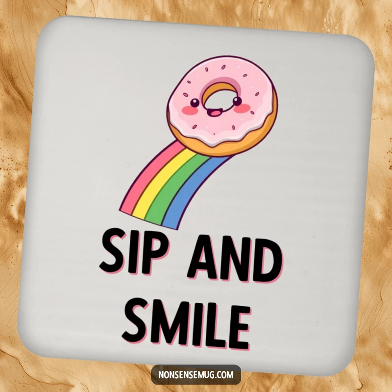 Funny coaster featuring a happy donut sliding down a vibrant rainbow, adding a playful touch to any drink.
