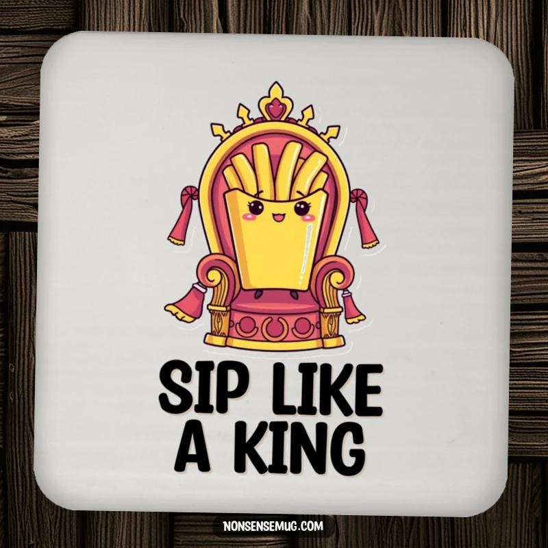 Funny drink coaster featuring a French fry standing proudly on a throne, adding a humorous and royal touch to any drink.