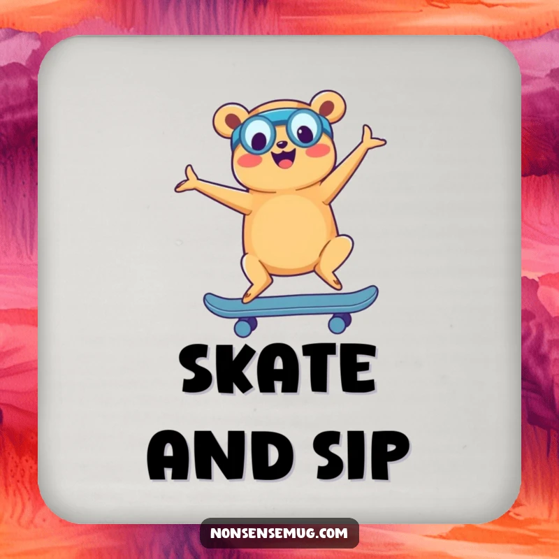 Funny coaster featuring a cheerful hot dog in a yoga pose on a skateboard, adding a quirky touch to any setting.