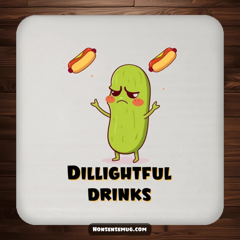 Funny drink coaster depicting a grumpy pickle with a confused expression, juggling three flying hot dogs, adding humor.