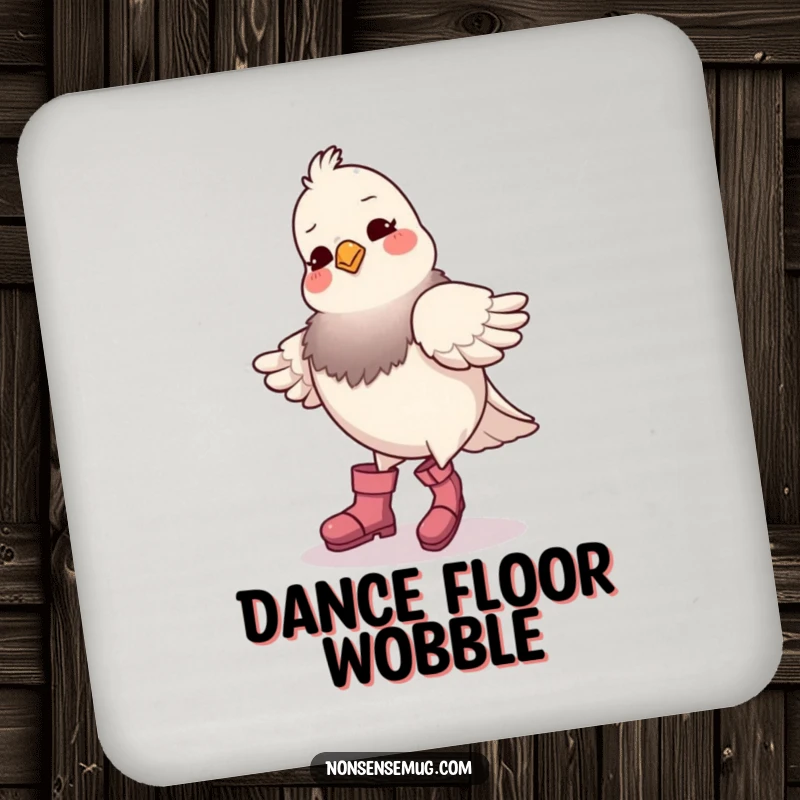 Funny pigeon wearing boots, awkwardly dancing, printed on a drink coaster, protecting surfaces with a smile.