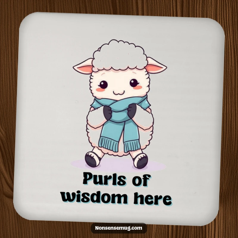 Funny coaster depicting a sheep humorously knitting a wool scarf with its own feet, protecting tables.