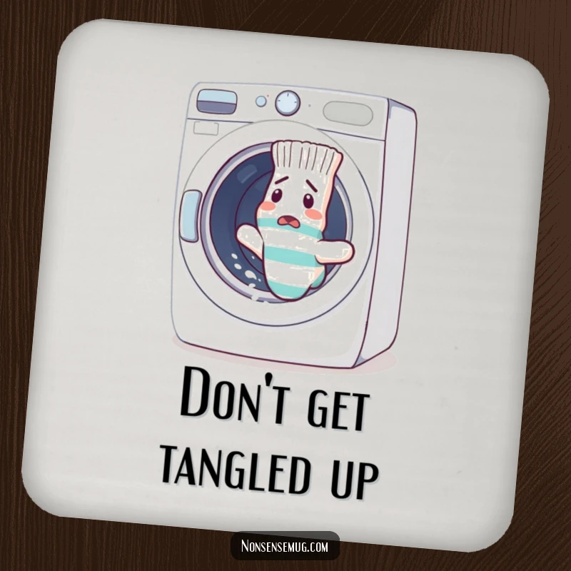 Funny sock escaping a washing machine on a protective drink coaster. A quirky and funny gift for home decor.