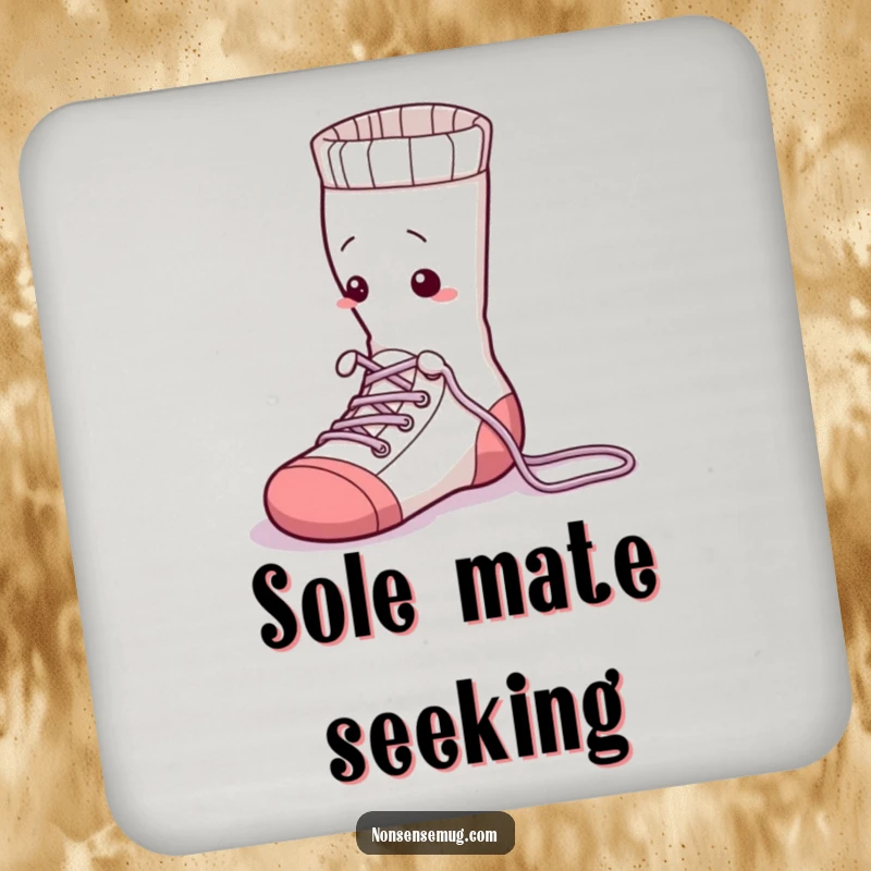 Funny sock character, tying its shoelaces, printed on a drink coaster, adding humor and protecting surfaces.
