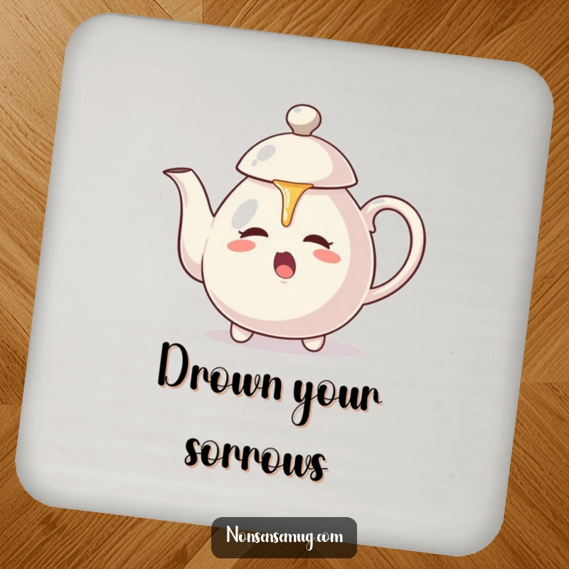 Funny coaster: A teapot aggressively pours tea onto its own lid, ready to hold your drink.