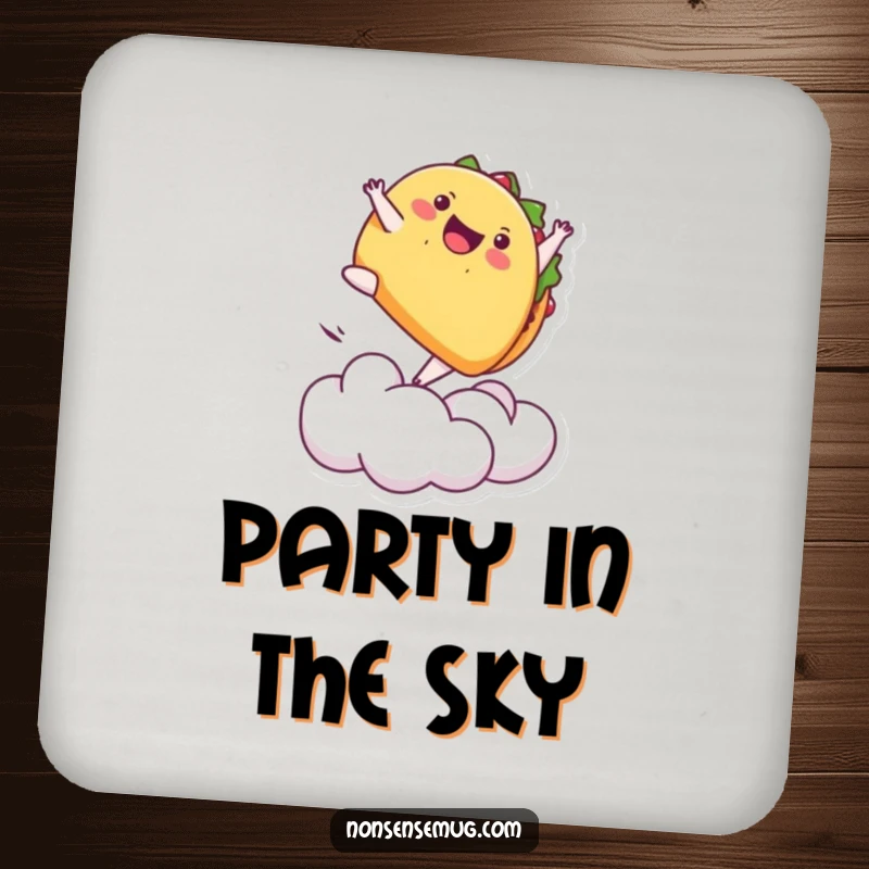 Funny drink coaster featuring a playful taco performing a backflip, adding a humorous and dynamic touch.