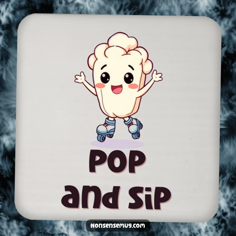 Funny bouncing popcorn kernel wearing tiny roller skates and looking exhilarated, on a drink coaster, a small funny gift.