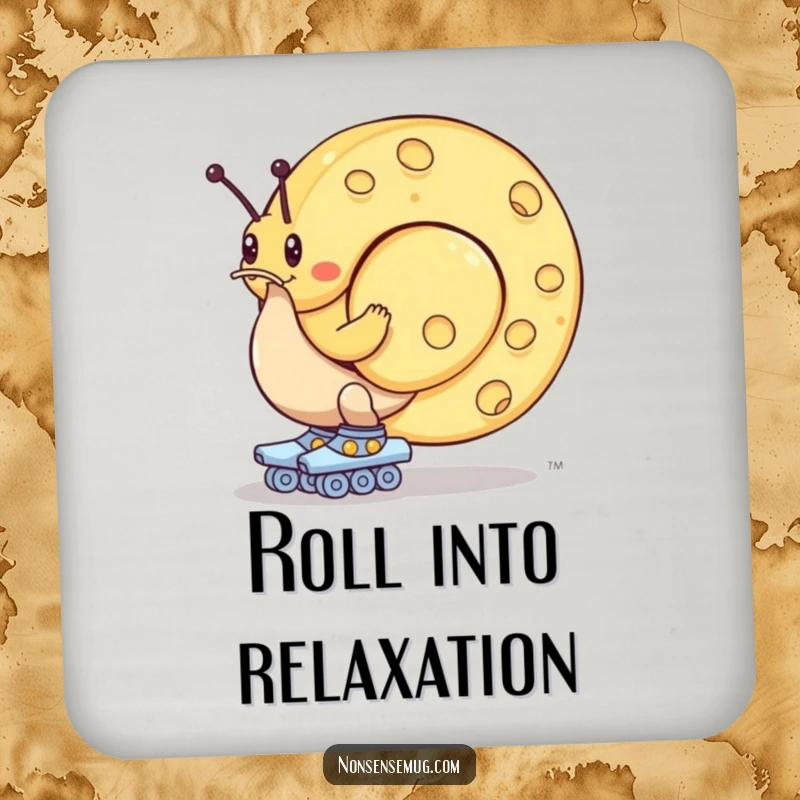 Funny coaster: A snail on roller skates struggles to move a giant cheese wheel, ready to hold your drink.