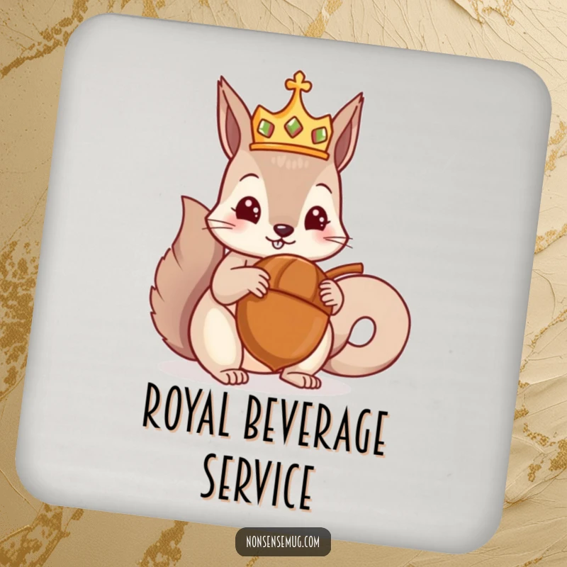 Funny drink coasters with a crowned squirrel receiving a giant acorn, adding regal nutty charm to your table settings, perfect funny gift set.