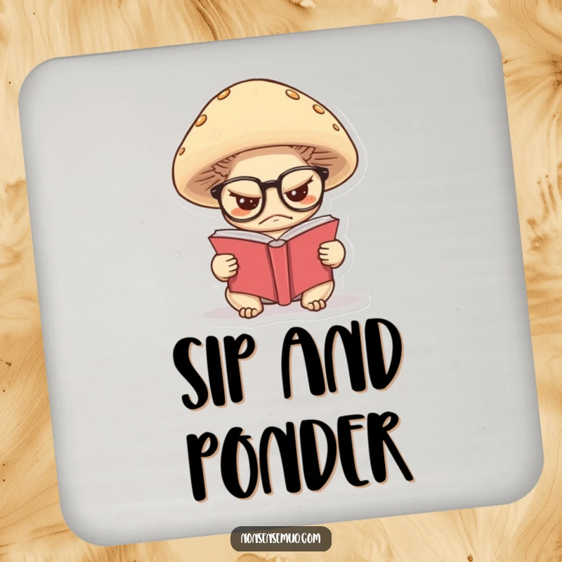Funny drink coaster of a grumpy mushroom wearing glasses, reading a tiny book, adding a touch of wisdom to any surface.