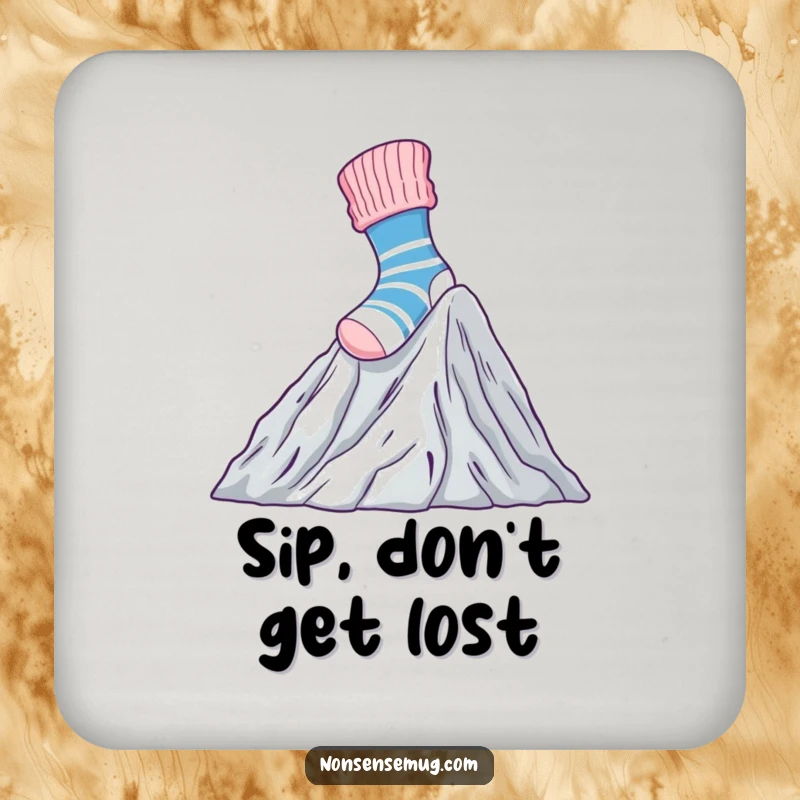 Funny Coasters (4-pack) featuring a brave sock climbing Mount Laundry, protecting surfaces with a humorous and courageous design.
