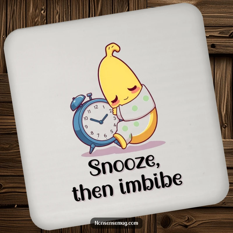 Funny sleepy banana character in pajamas, hugging an alarm clock, on a charming drink coaster.