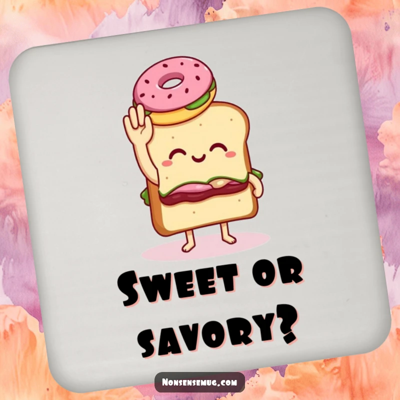 Funny drink coasters set with a sandwich with legs awkwardly high-fiving a donut, offering humorous and quirky surface protection.