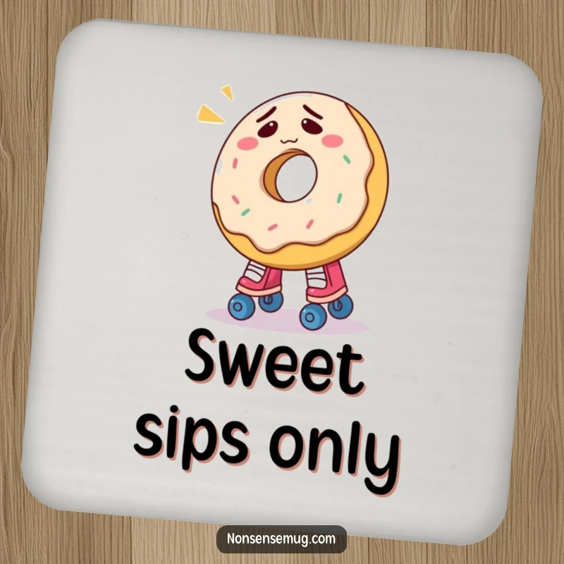 Funny donut coaster with a confused donut attempting roller skates, a humorous and protective tabletop accessory.