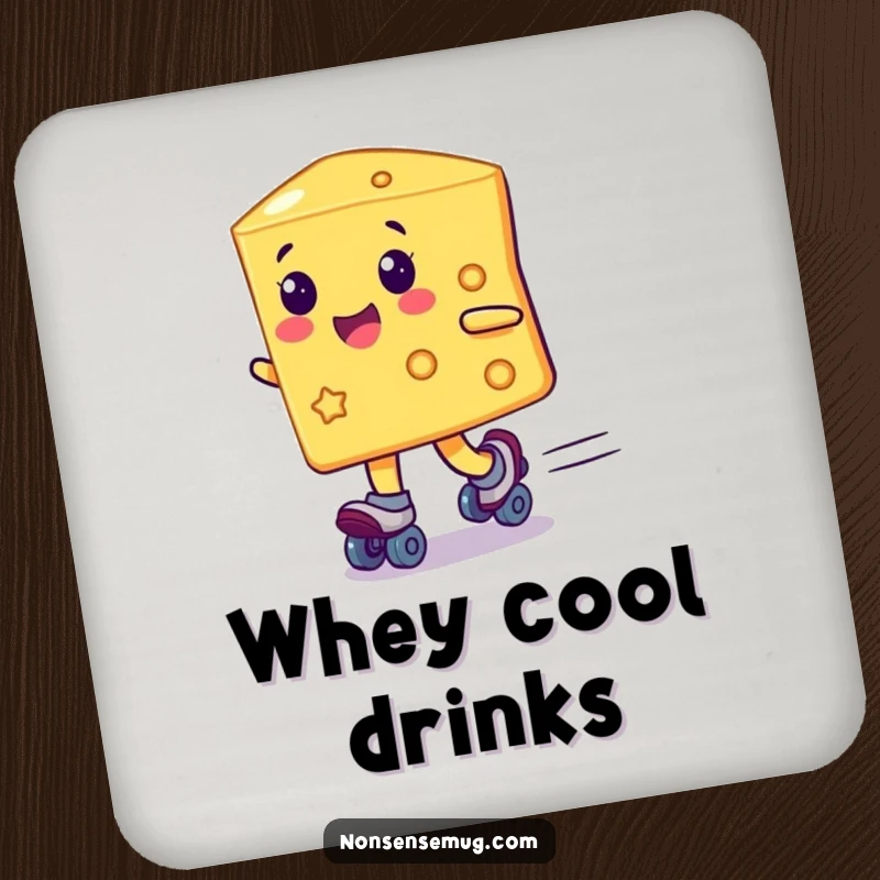 Funny cheese slice on roller skates, protecting a surface, a small but mighty funny gift coaster.