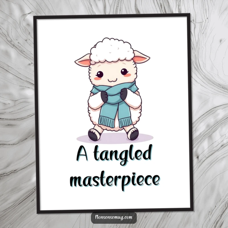 Funny poster showcasing a sheep's amusing attempt at knitting a wool scarf with its own feet, perfect wall art.