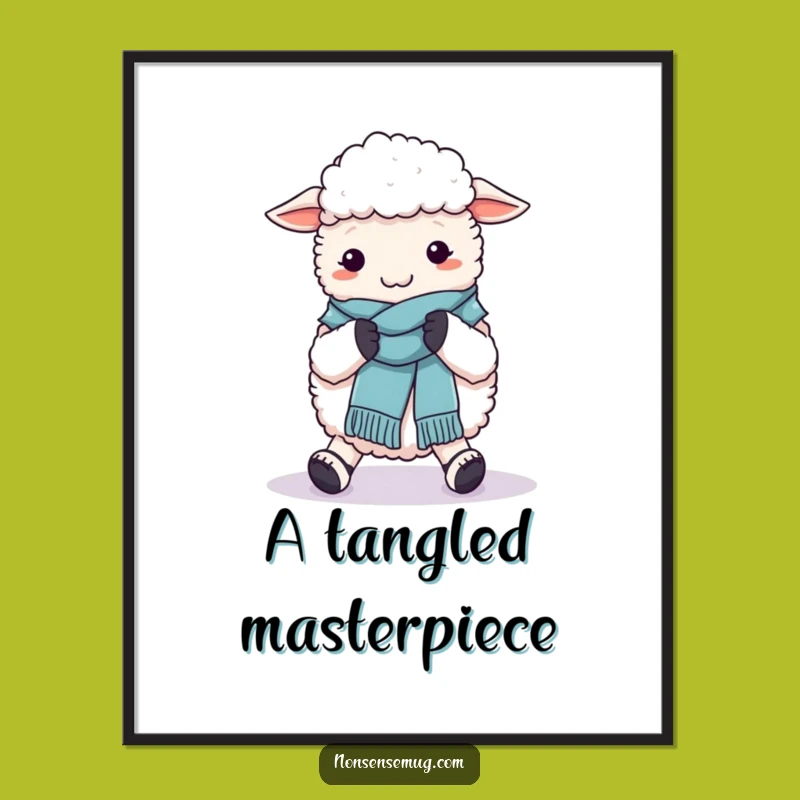 Funny Sheep Knitting Poster: Adorable Ewe Crafting Scarf on Feet - Hilarious Wall Art