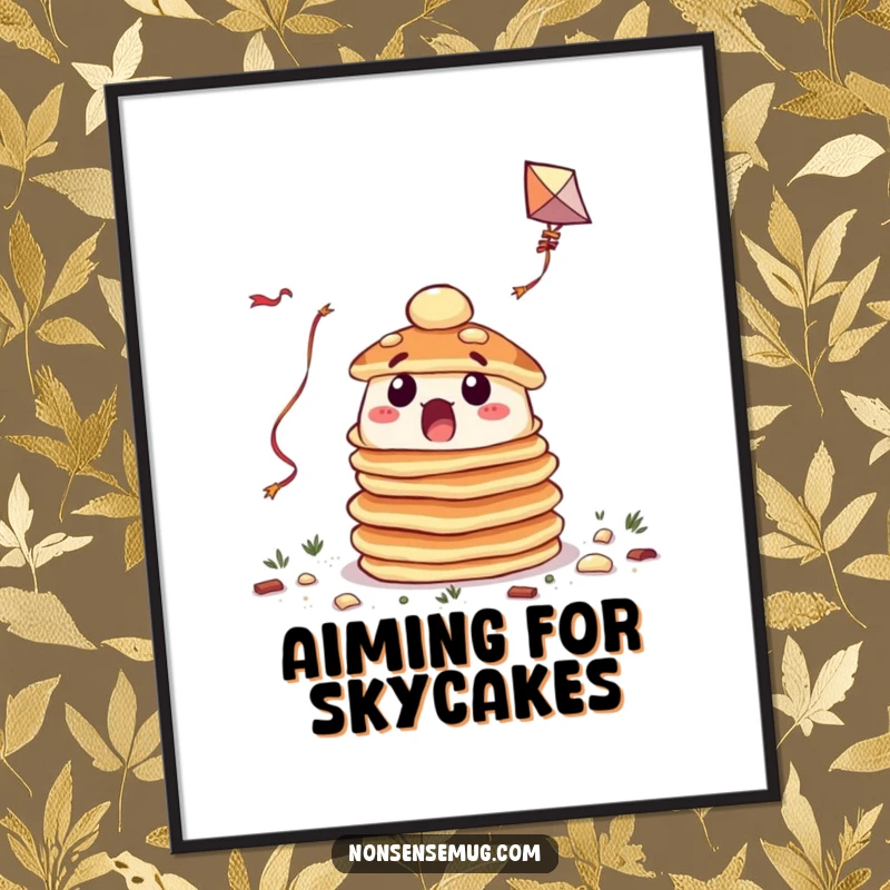 Funny poster of a surprised pancake stack hilariously trying to fly a kite, bringing breakfast charm to decor.