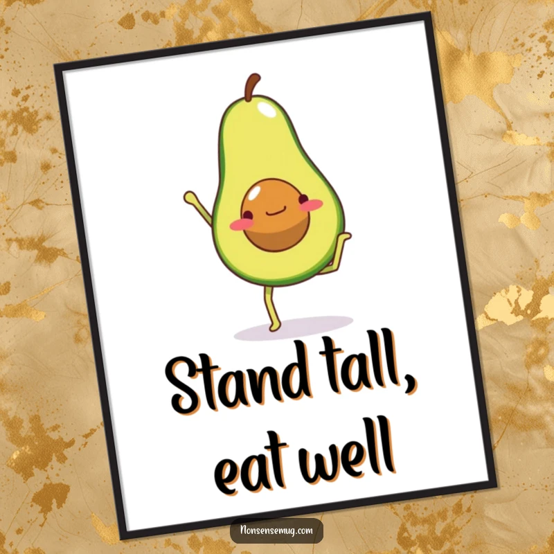 Funny poster art of an avocado character with legs attempting a handstand, radiating a sense of playful determination and health.