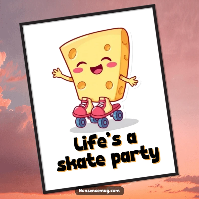 Funny poster of a giggling slice of cheese wearing roller skates, bringing a humorous and cheerful vibe to any room.