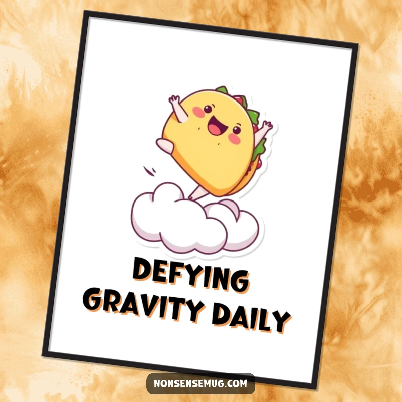 Funny poster of a playful taco executing a backflip off a cloud, bringing action and humor to any wall.