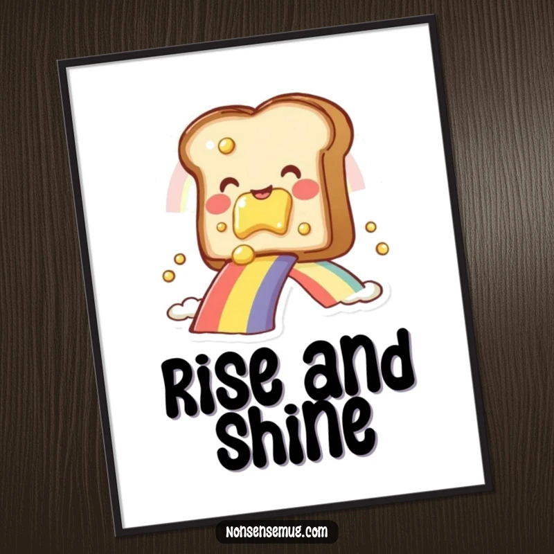 Funny smiling toast with butter, descending a vivid rainbow, adding whimsical charm to wall art, a sweet funny gift.