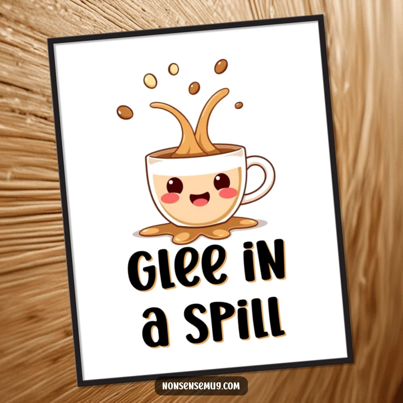 Funny poster art of a surprised coffee cup joyfully spilling, adding a whimsical and energetic touch to any wall decor.