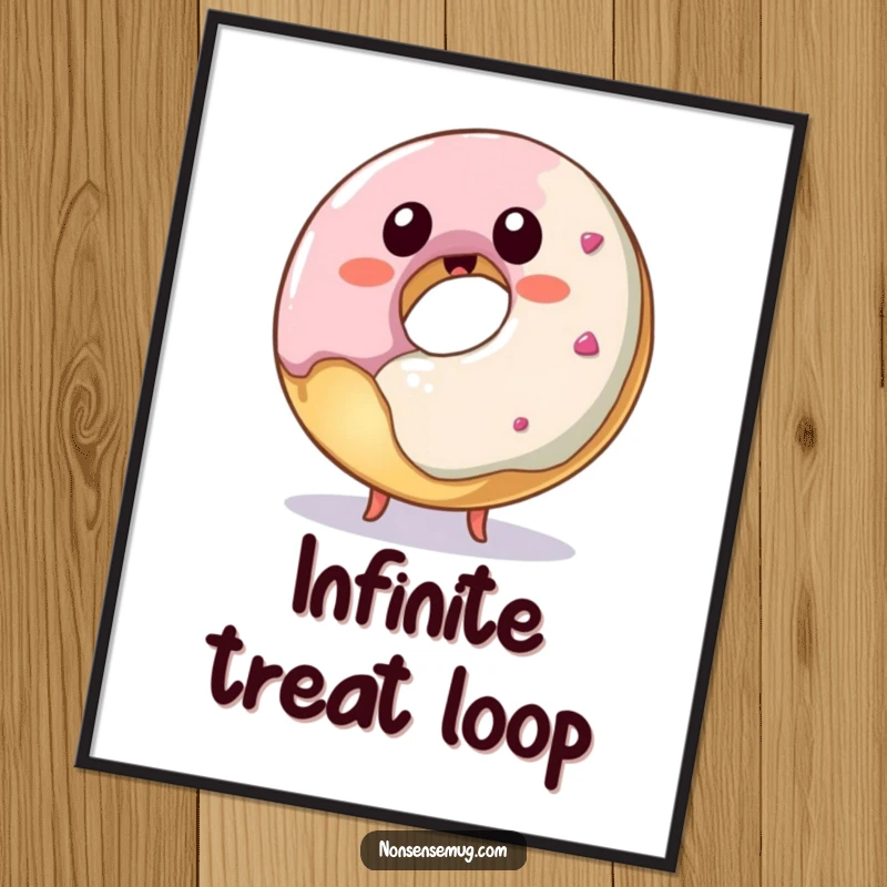 Funny donut poster, a playful pastry hilariously trying to bite itself, perfect for kitchen decor.
