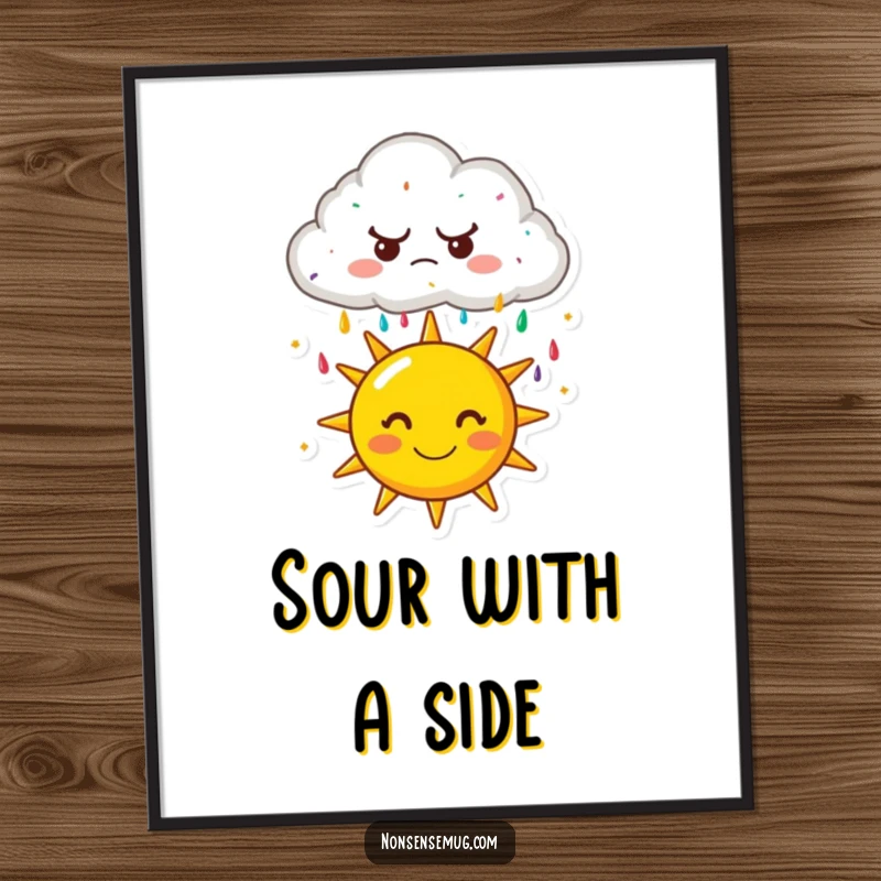 Funny poster: A cartoon cloud frowning while raining colorful sprinkles onto a beaming sun. Whimsical and humorous graphic art.