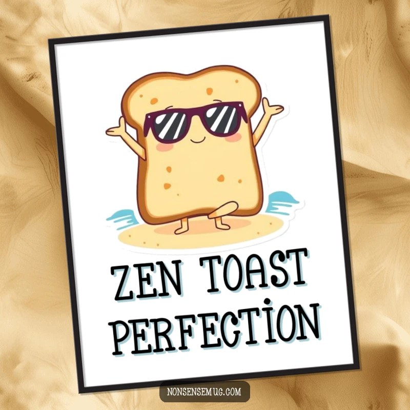 Funny slice of toast wearing sunglasses in a yoga pose on a beach, as a humorous poster.