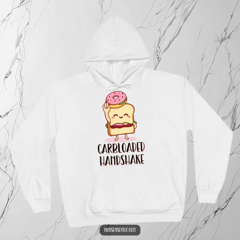 Funny hoodie print of a sandwich with legs awkwardly trying to high five a donut, ideal for comfortable and humorous wear.