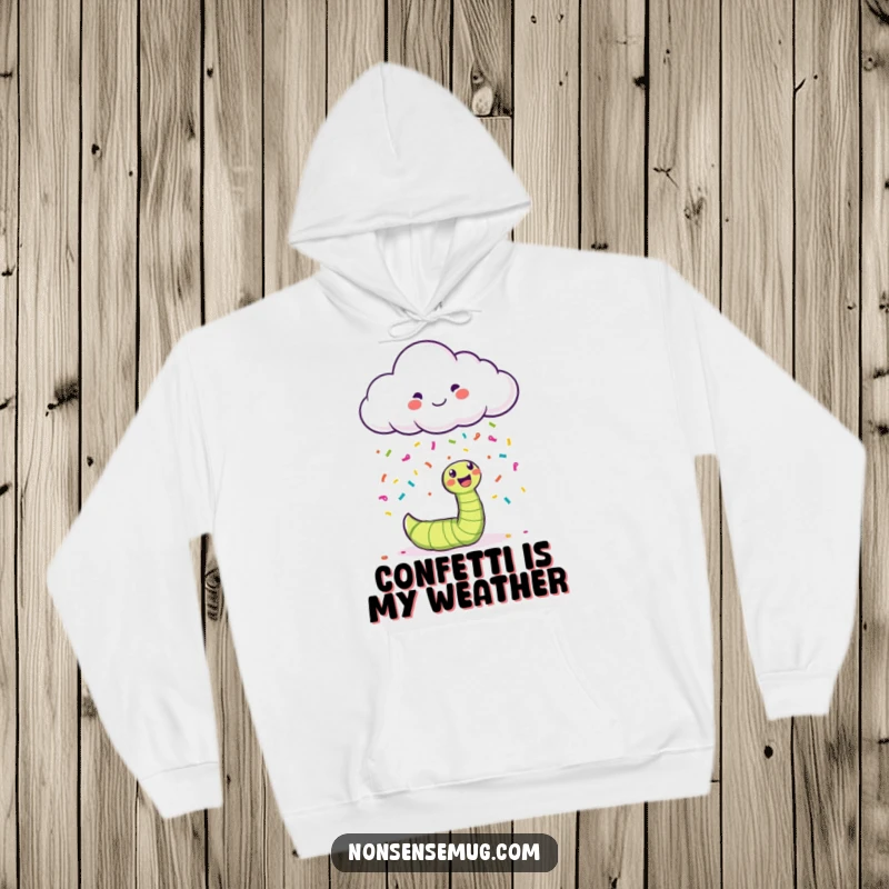Funny happy cloud showering colorful confetti on a bewildered worm, featured on a cozy hoodie.