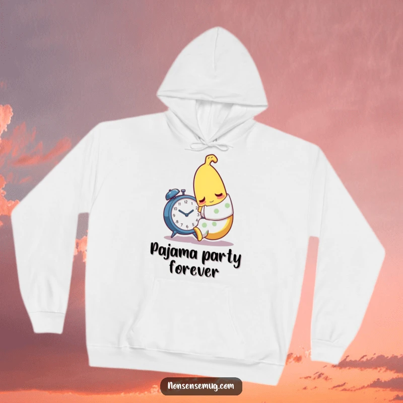 Funny sleepy banana in pajamas cuddling an alarm clock on a soft, warm hoodie.
