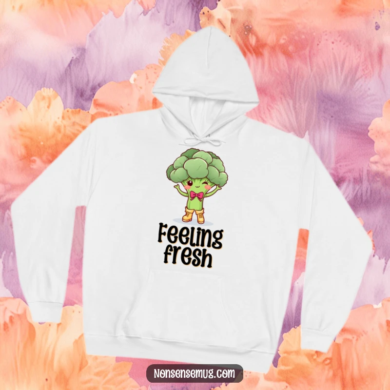 Funny dancing broccoli, wearing cute boots and a bow, on a soft hoodie, perfect funny gift.